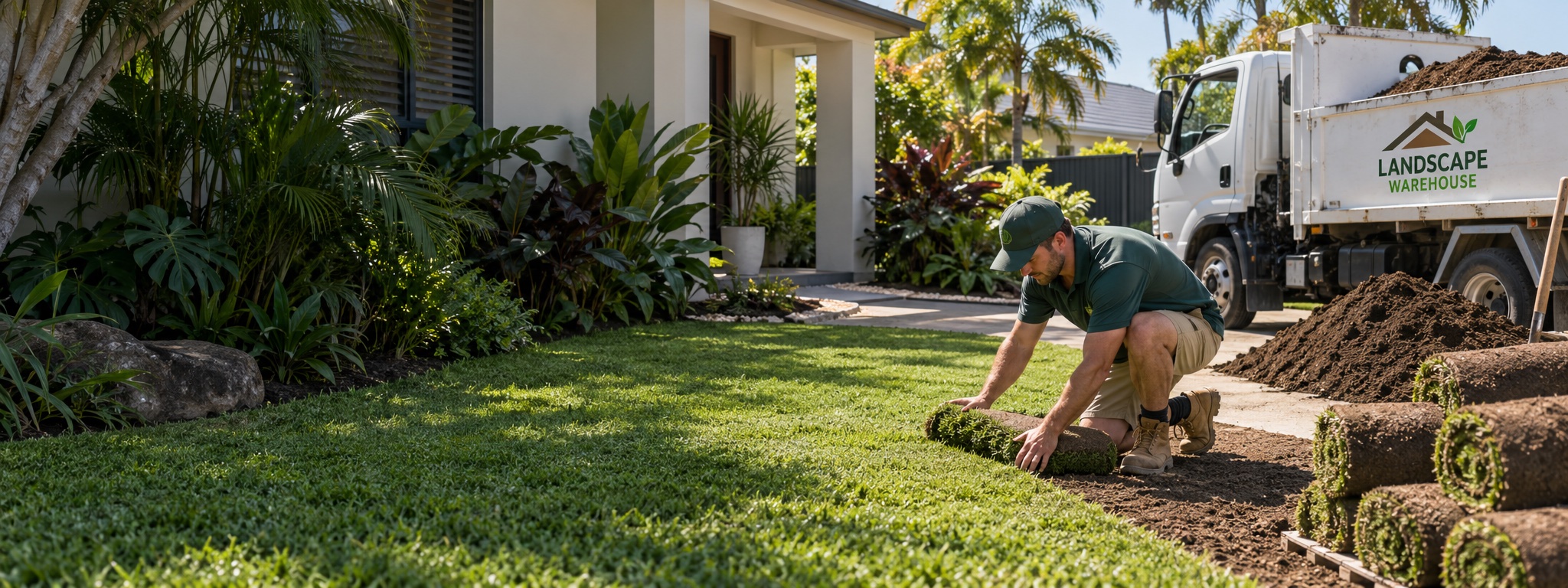 A landscaper laying fresh turf beside a Landscape Warehouse soil delivery truck in a Brisbane garden