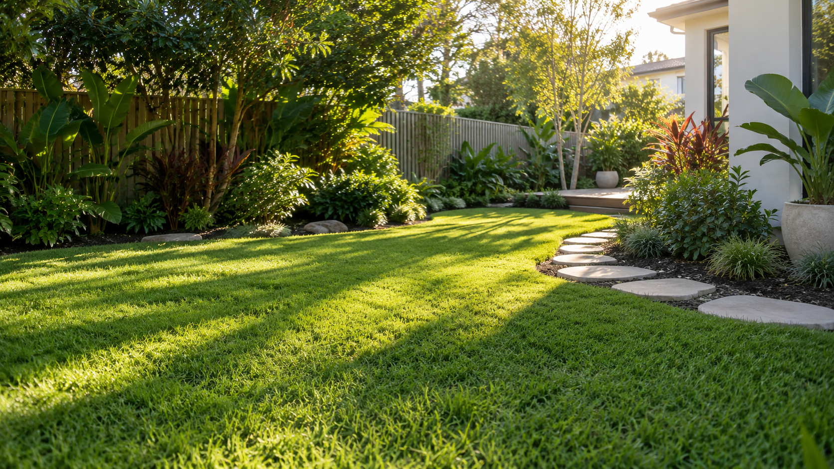 Sunlit Australian garden with a fresh green lawn, stone path and lush screening plants