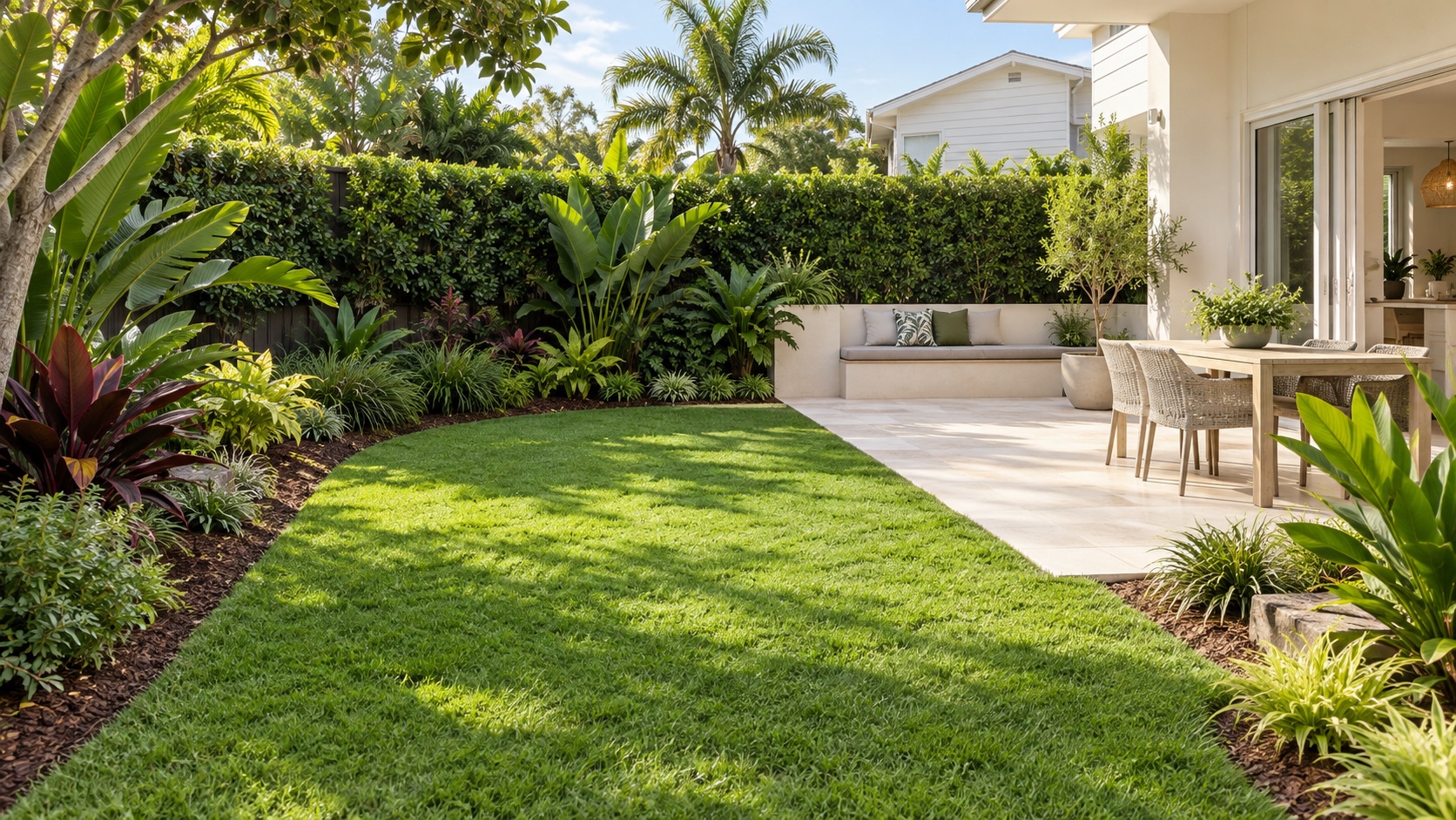 Complete garden makeover with lawn, patio and lush planting