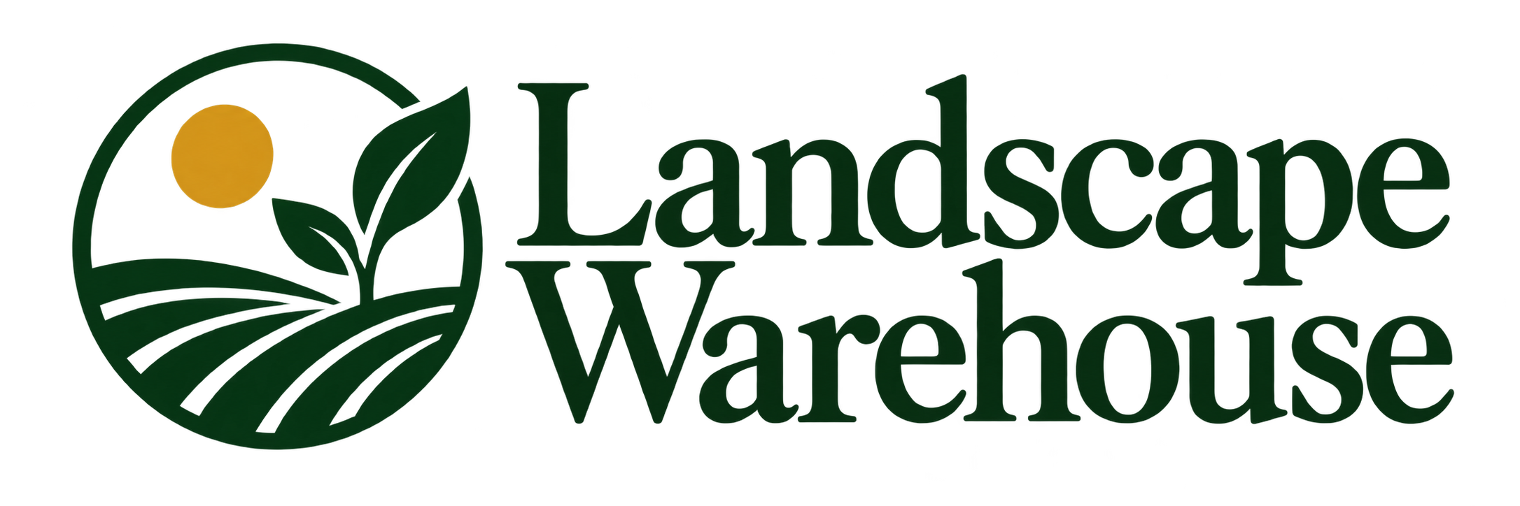Option B: Landscape Warehouse serif wordmark with a circular sun, seedling and garden rows emblem